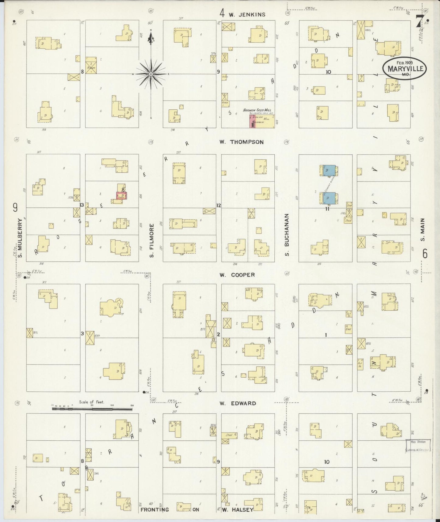 Sanborn Fire Insurance Map from Maryville, Nodaway County, Missouri (1909), Sheet #0007 - Complete Map Set gallery image, historic Sanborn map, vintage wall art, Missouri Missouri