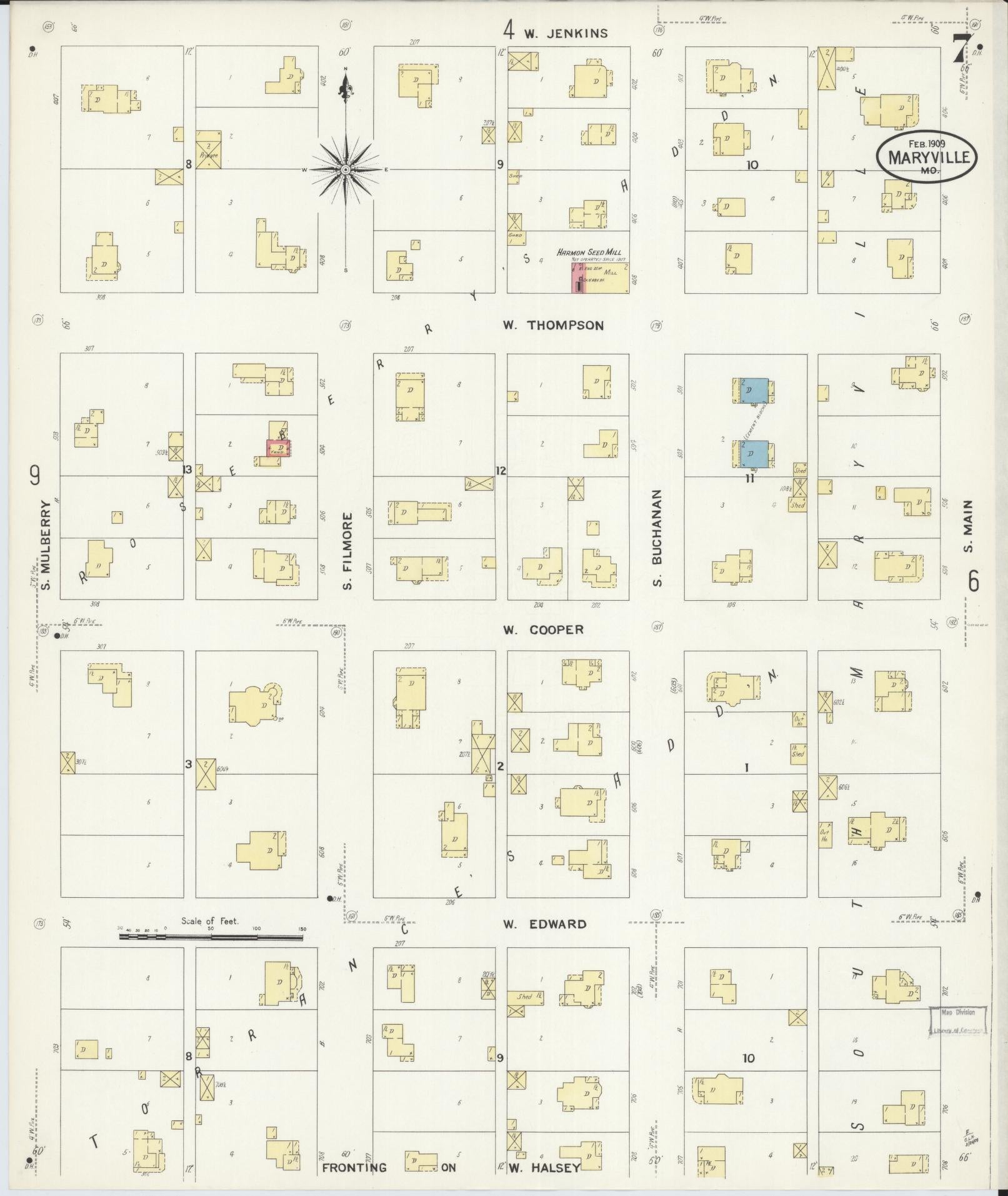 Sanborn Fire Insurance Map from Maryville, Nodaway County, Missouri (1909), Sheet #0007 - Complete Map Set gallery image, historic Sanborn map, vintage wall art, Missouri Missouri
