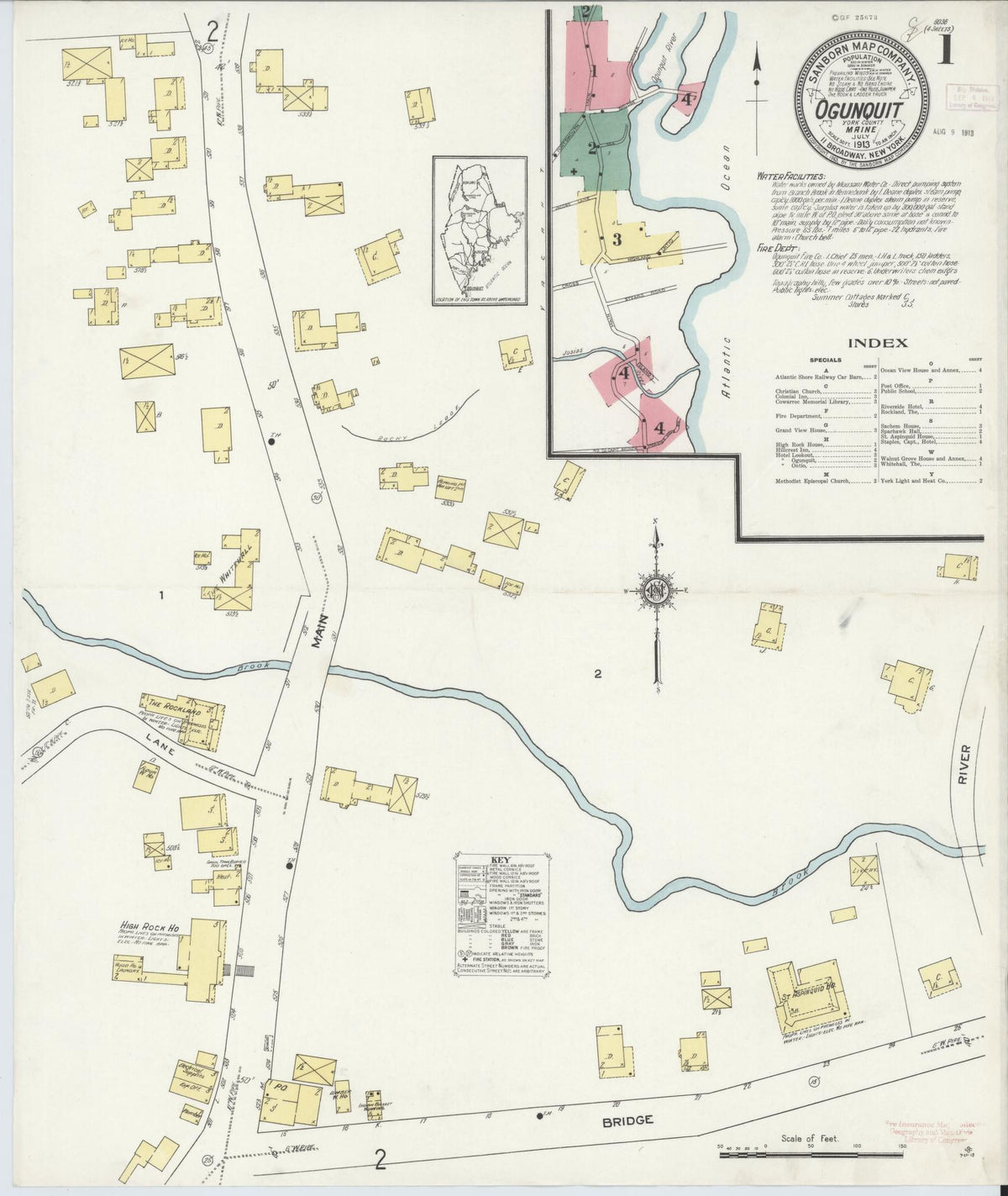 Sanborn Fire Insurance Map from Ogunquit, York County, Maine (1913), Sheet #0001 - Complete Map Set gallery image, historic Sanborn map, vintage wall art, Maine Maine