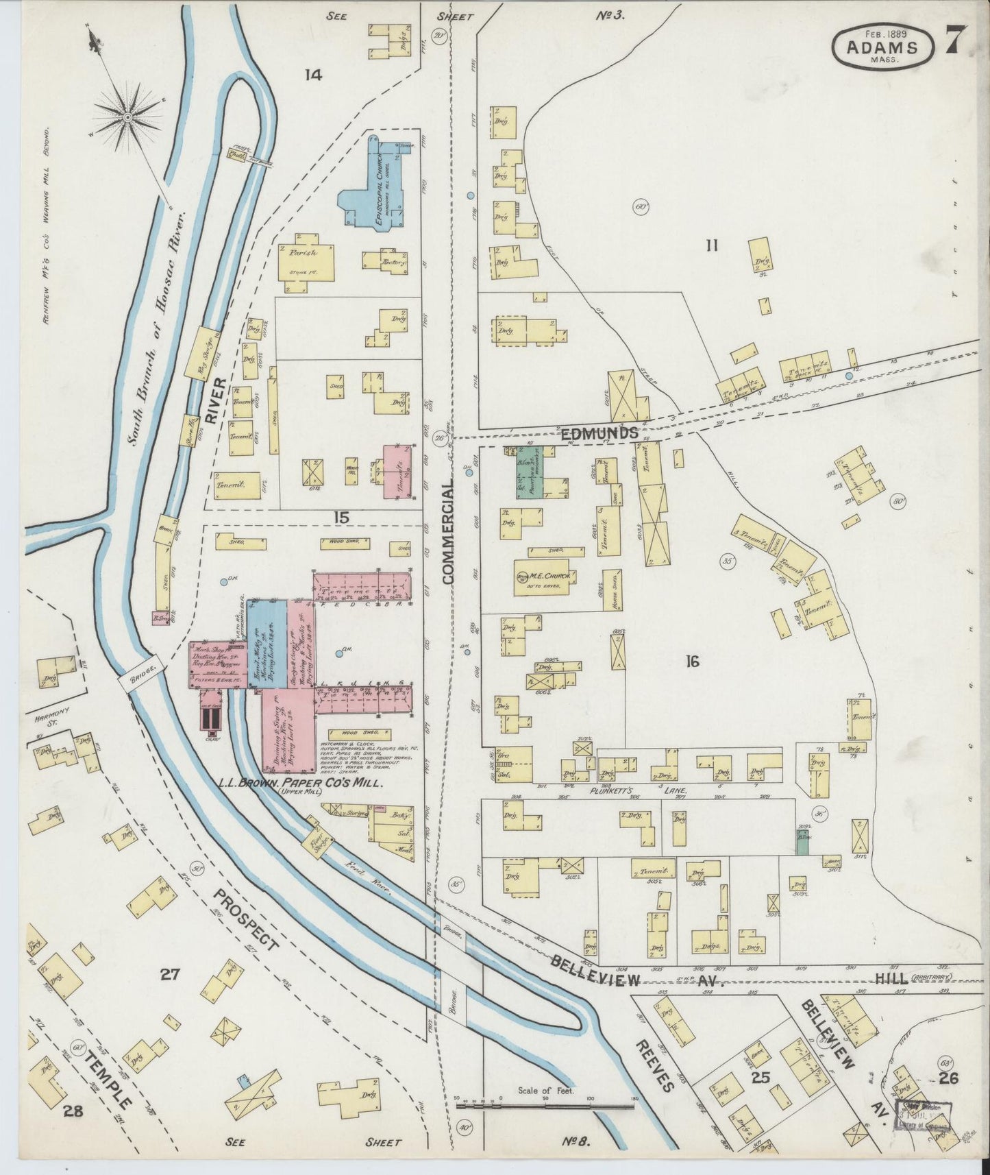Sanborn Fire Insurance Map from Adams, Berkshire County, Massachusetts (1889), Sheet #0007 - Historic Sanborn Fire Insurance Map Print, vintage old map wall art, antique decor, genealogy gift, Massachusetts Massachusetts map