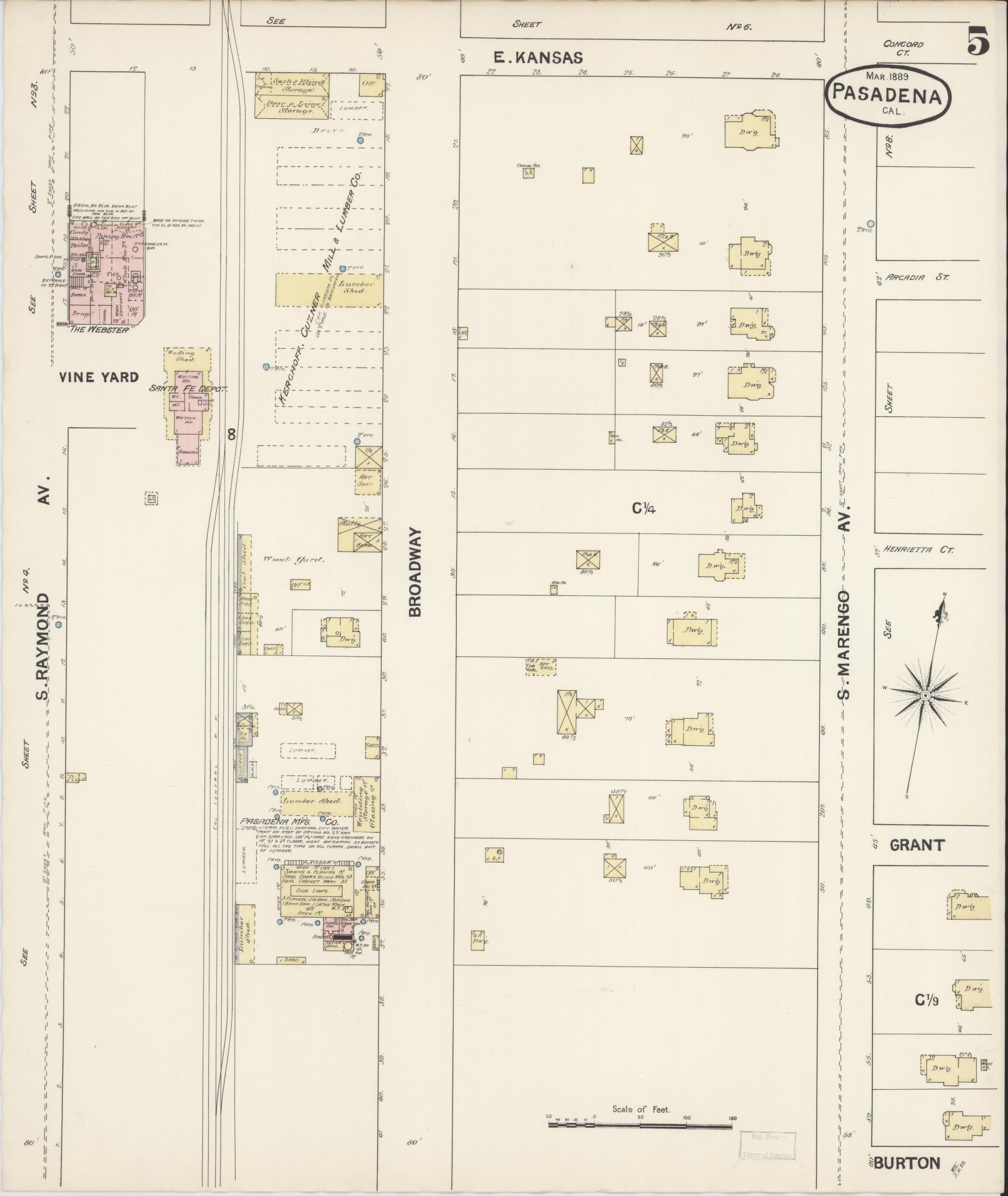 Sanborn Fire Insurance Map from Pasadena, Los Angeles County, California (1889), Sheet #0005 - Complete Map Set gallery image, historic Sanborn map, vintage wall art, California California