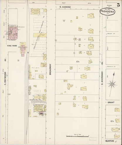Sanborn Fire Insurance Map from Pasadena, Los Angeles County, California (1889), Sheet #0005 - Complete Map Set gallery image, historic Sanborn map, vintage wall art, California California