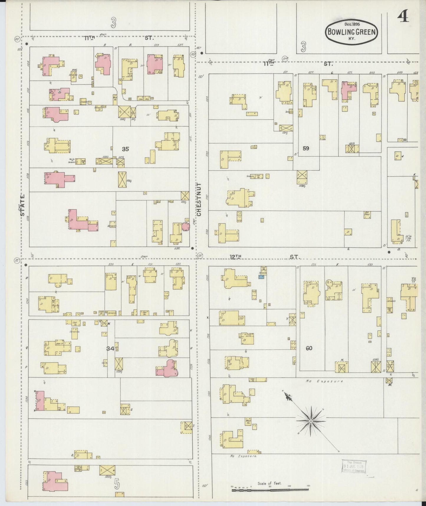 Sanborn Fire Insurance Map from Bowling Green, Warren County, Kentucky (1895), Sheet #0004 - Historic Sanborn Fire Insurance Map Print, vintage old map wall art, antique decor, genealogy gift, Kentucky Kentucky map
