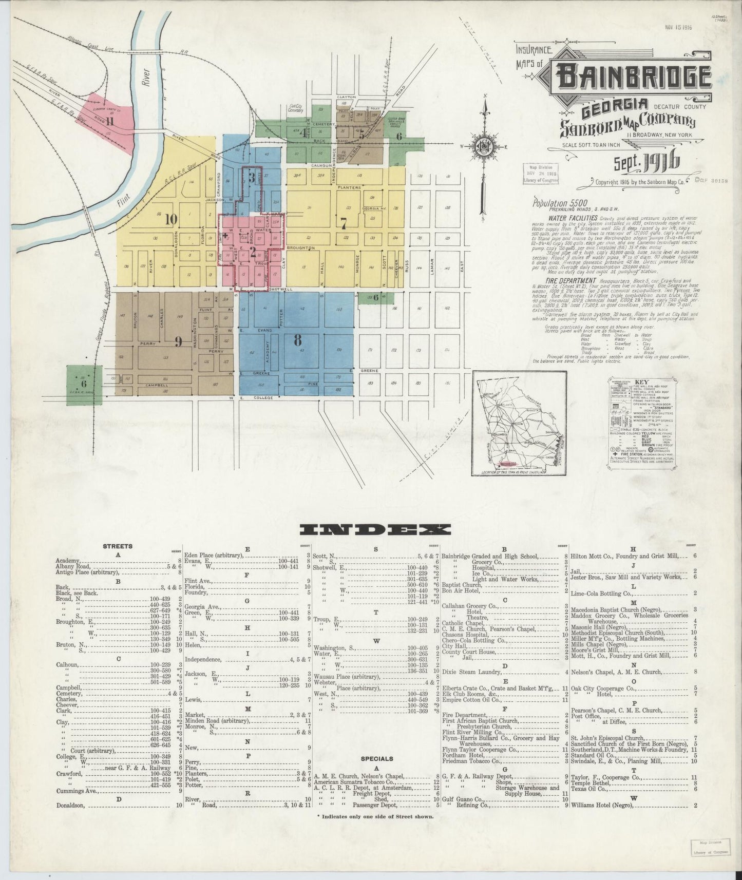 Sanborn Fire Insurance Map from Bainbridge, Decatur County, Georgia (1916), Sheet #0001 - Historic Sanborn Fire Insurance Map Print, vintage old map wall art, antique decor, genealogy gift, Georgia Georgia map