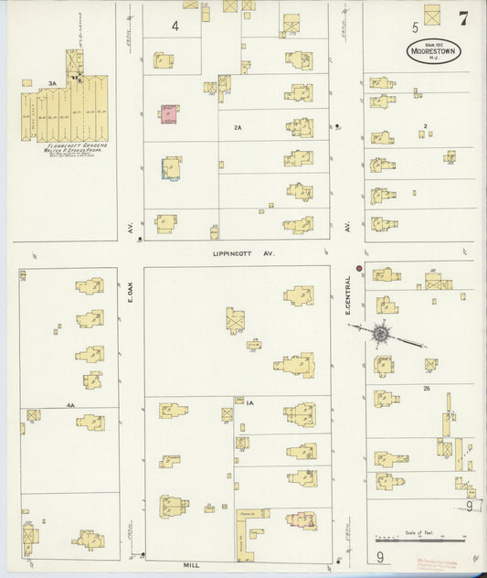 Sanborn Fire Insurance Map from Moorestown, Burlington County, New Jersey (1911), Sheet #0007 - Historic Sanborn Fire Insurance Map Print, vintage old map wall art, antique decor, genealogy gift, New Jersey New Jersey map