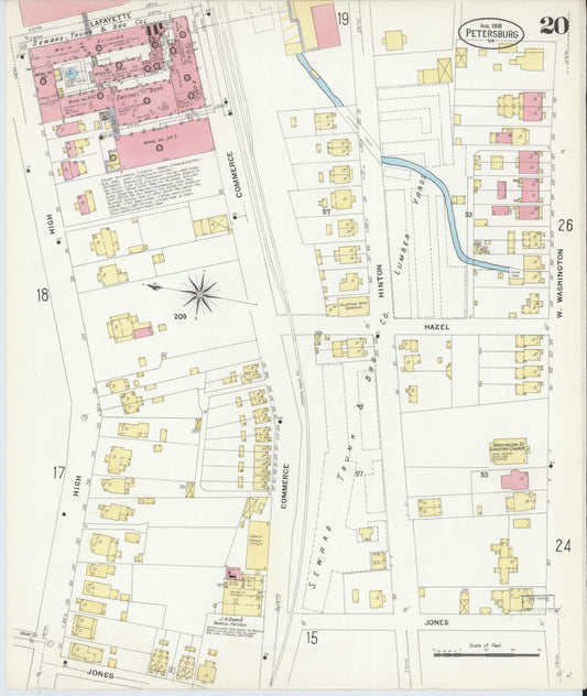 Sanborn Fire Insurance Map from Petersburg, Independent Cities, Virginia (1908), Sheet #0020 - Historic Sanborn Fire Insurance Map Print, vintage old map wall art, antique decor, genealogy gift, Virginia Virginia map
