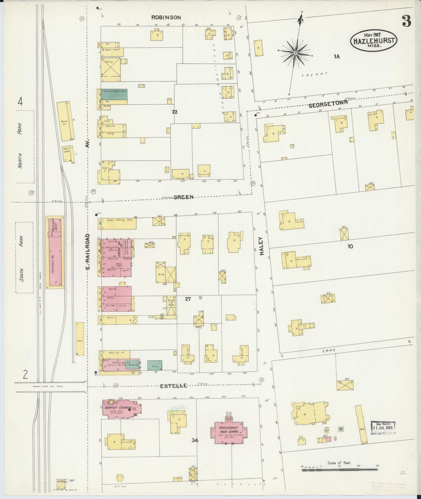 Sanborn Fire Insurance Map from Hazlehurst, Copiah County, Mississippi (1907), Sheet #0003 - Complete Map Set gallery image, historic Sanborn map, vintage wall art, Mississippi Mississippi