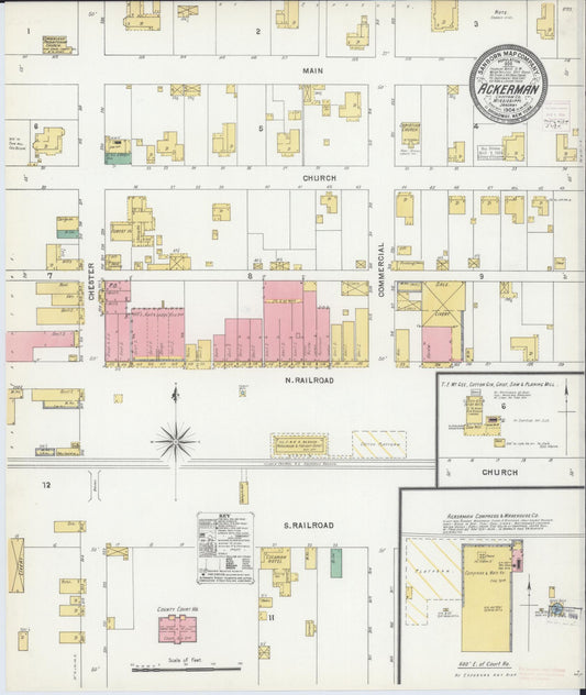 Sanborn Fire Insurance Map from Ackerman, Choctaw County, Mississippi (1904), Sheet #0001 - Historic Sanborn Fire Insurance Map Print, vintage old map wall art, antique decor, genealogy gift, Mississippi Mississippi map