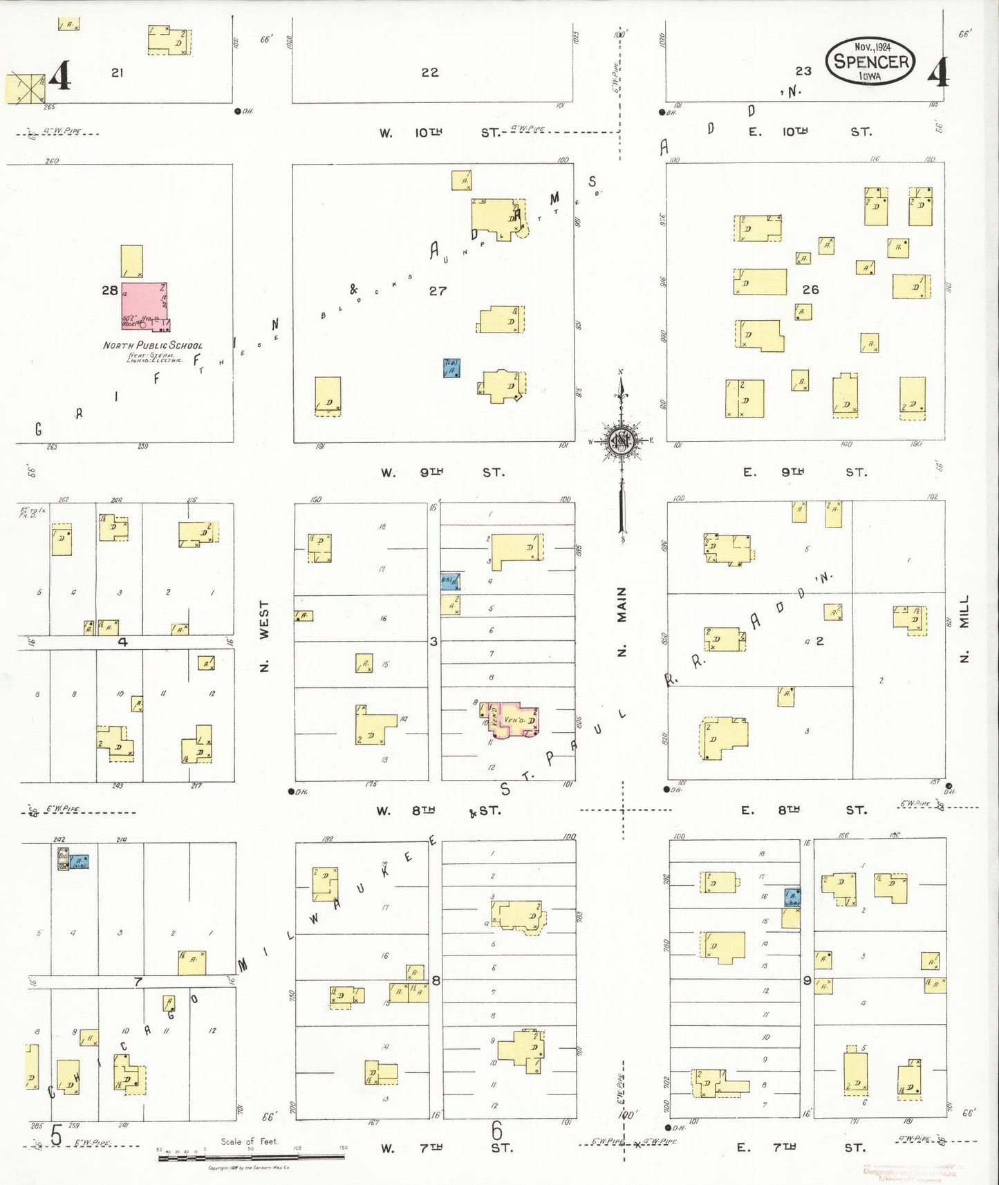 Sanborn Fire Insurance Map from Spencer, Clay County, Iowa (1924), Sheet #0004 - Historic Sanborn Fire Insurance Map Print, vintage old map wall art