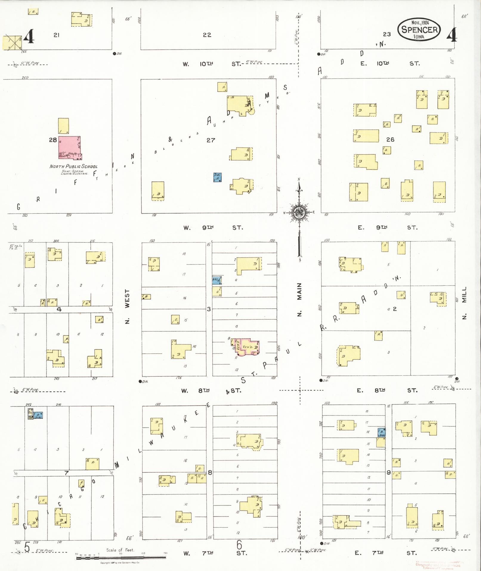 Sanborn Fire Insurance Map from Spencer, Clay County, Iowa (1924), Sheet #0004 - Historic Sanborn Fire Insurance Map Print, vintage old map wall art