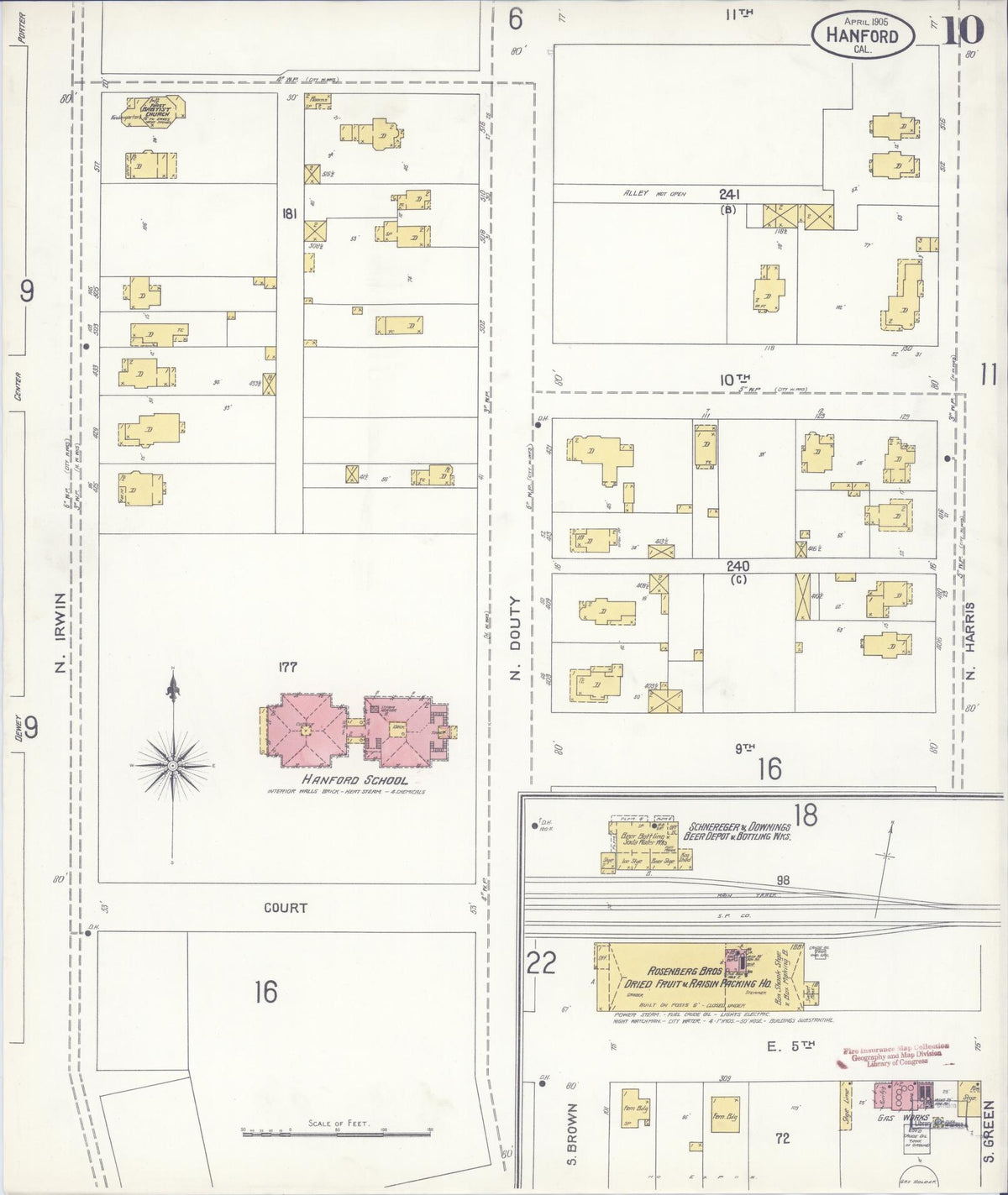 Sanborn Fire Insurance Map from Hanford, Kings County, California (1905), Sheet #0010 - Complete Map Set gallery image, historic Sanborn map, vintage wall art, California California