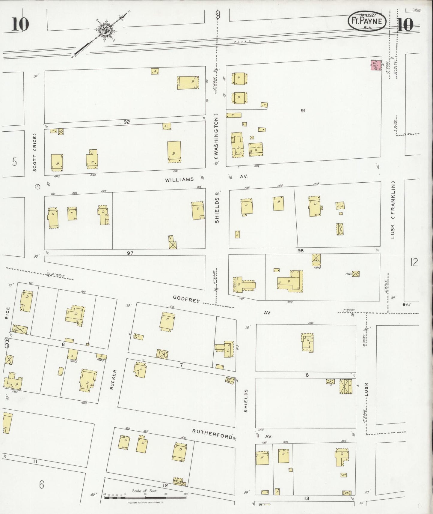 Sanborn Fire Insurance Map from Fort Payne, Dekalb County, Alabama (1927), Sheet #0010 - Complete Map Set gallery image, historic Sanborn map, vintage wall art, Alabama Alabama