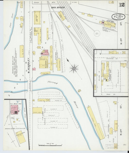 Sanborn Fire Insurance Map from Flint, Genesee County, Michigan (1892), Sheet #0012 - Historic Sanborn Fire Insurance Map Print, vintage old map wall art, antique decor, genealogy gift, Michigan Michigan map