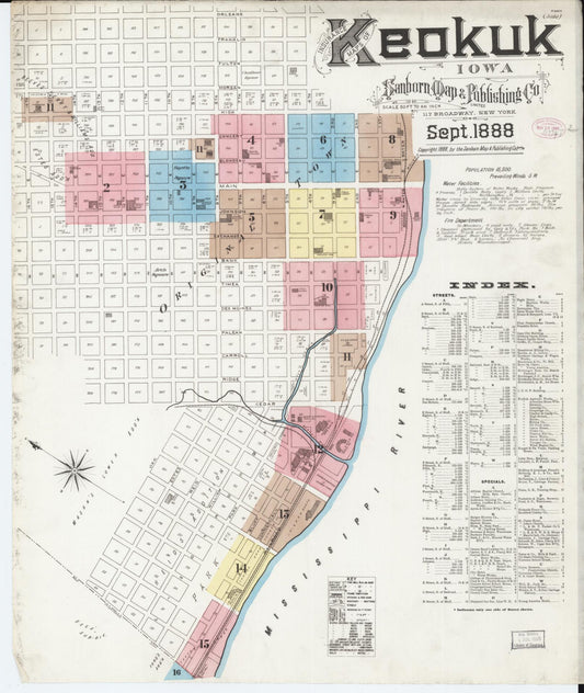 Sanborn Fire Insurance Map from Keokuk, Lee County, Iowa (1888), Sheet #0001 - Historic Sanborn Fire Insurance Map Print, vintage old map wall art