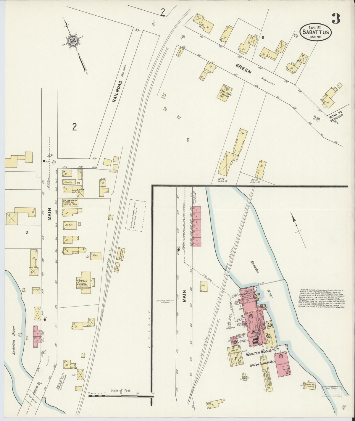 Sanborn Fire Insurance Map from Sabattus, Androscoggin County, Maine (1911), Sheet #0003 - Historic Sanborn Fire Insurance Map Print, vintage old map wall art, antique decor, genealogy gift, Maine Maine map