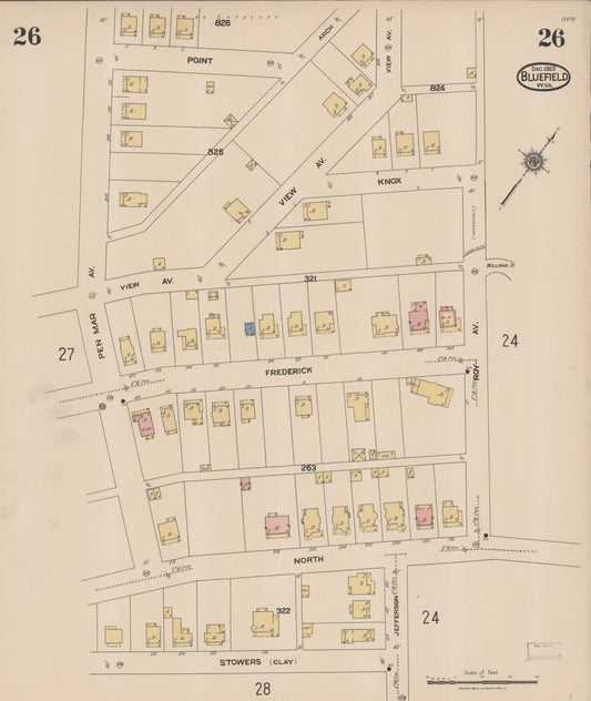 Sanborn Fire Insurance Map from Bluefield, Mercer County, West Virginia (1922), Sheet #0026 - Historic Sanborn Fire Insurance Map Print, vintage old map wall art, antique decor, genealogy gift, West Virginia West Virginia map