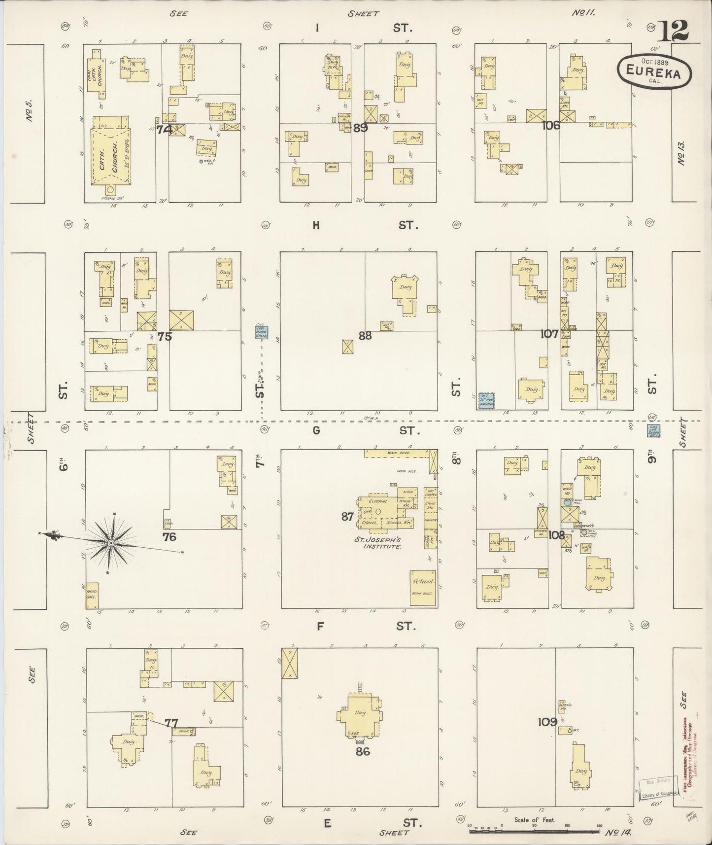 Sanborn Fire Insurance Map from Eureka, Humboldt County, California (1889), Sheet #0012 - Historic Sanborn Fire Insurance Map Print, vintage old map wall art, antique decor, genealogy gift, California California map