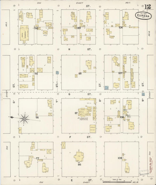 Sanborn Fire Insurance Map from Eureka, Humboldt County, California (1889), Sheet #0012 - Historic Sanborn Fire Insurance Map Print, vintage old map wall art, antique decor, genealogy gift, California California map