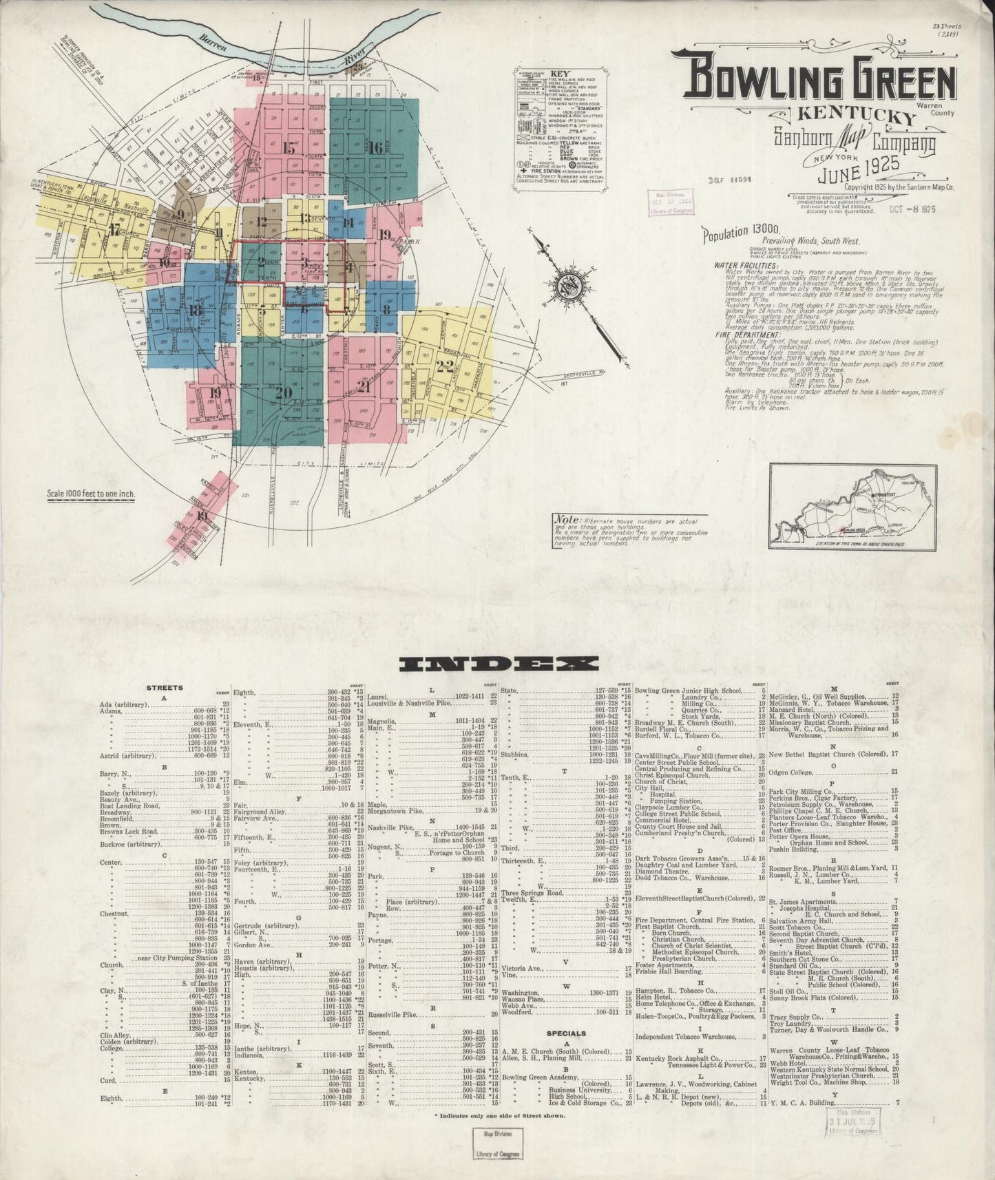 Sanborn Fire Insurance Map from Bowling Green, Warren County, Kentucky. (1925) – Historic Sanborn Fire Insurance Map Print