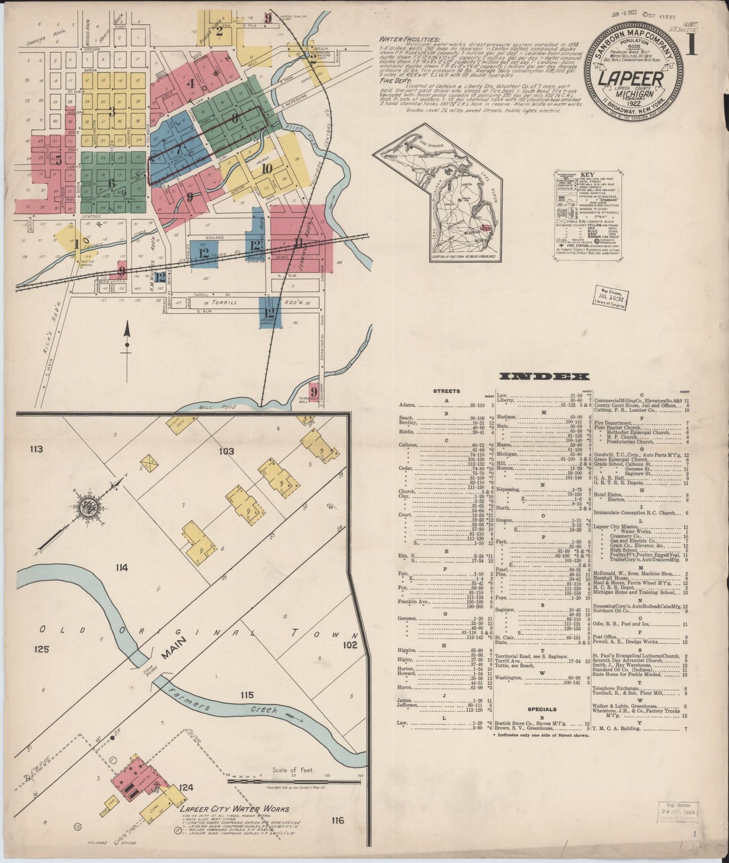 Sanborn Fire Insurance Map from Lapeer, Lapeer County, Michigan (1922), Sheet #0001 - Complete Map Set gallery image, historic Sanborn map, vintage wall art, Michigan Michigan