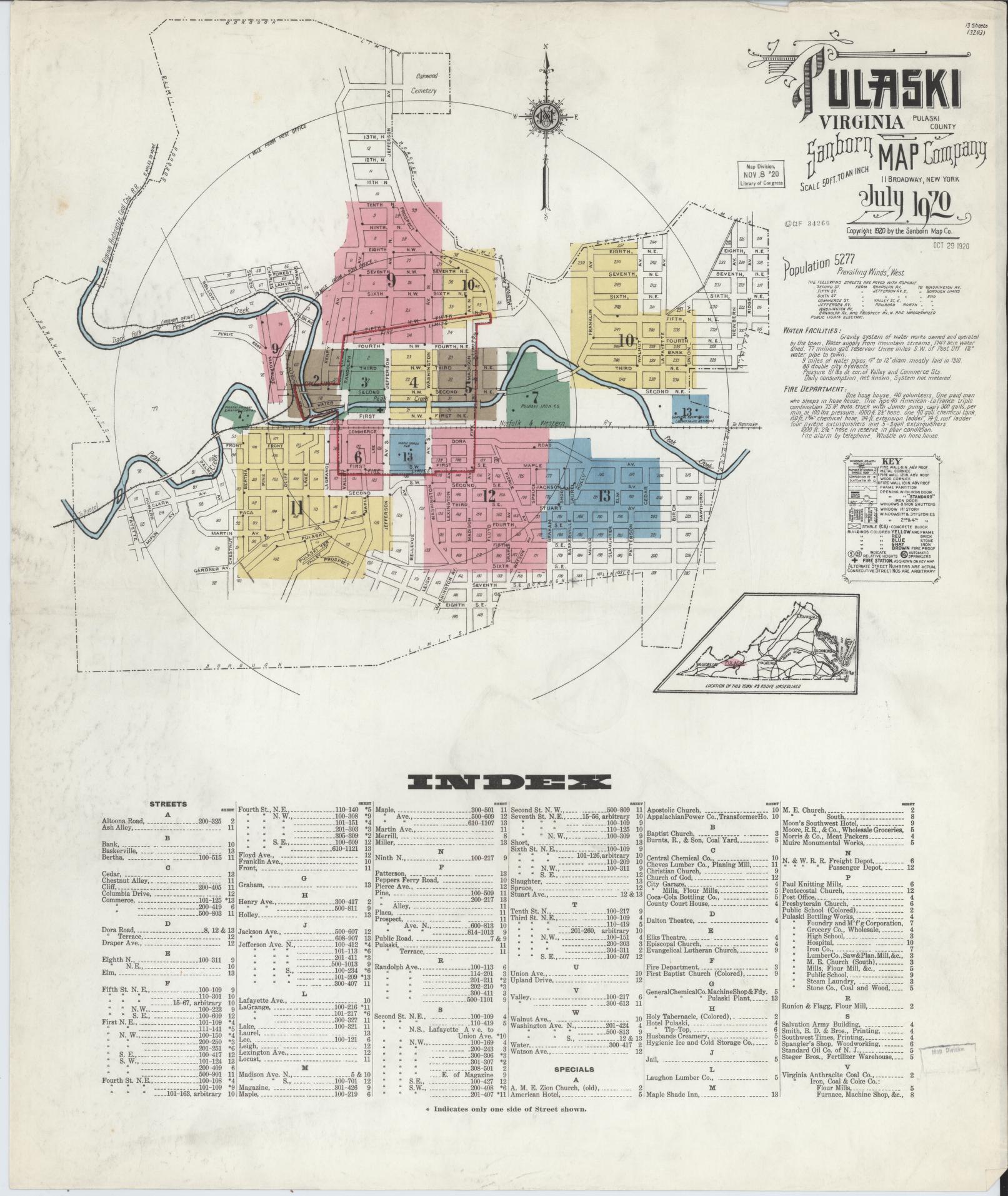 Sanborn Fire Insurance Map from Pulaski, Pulaski County, Virginia (1920), Sheet #0001 - Complete Map Set gallery image, historic Sanborn map, vintage wall art, Virginia Virginia