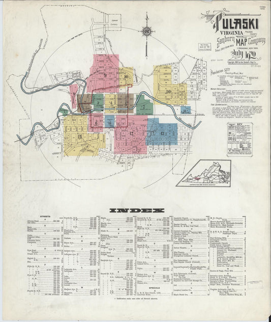 Sanborn Fire Insurance Map from Pulaski, Pulaski County, Virginia (1920), Sheet #0001 - Complete Map Set gallery image, historic Sanborn map, vintage wall art, Virginia Virginia