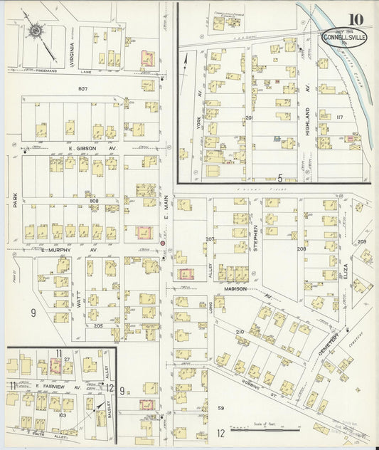 Sanborn Fire Insurance Map from Connellsville, Fayette County, Pennsylvania (1914), Sheet #0010 - Historic Sanborn Fire Insurance Map Print, vintage old map wall art, antique decor, genealogy gift, Pennsylvania Pennsylvania map