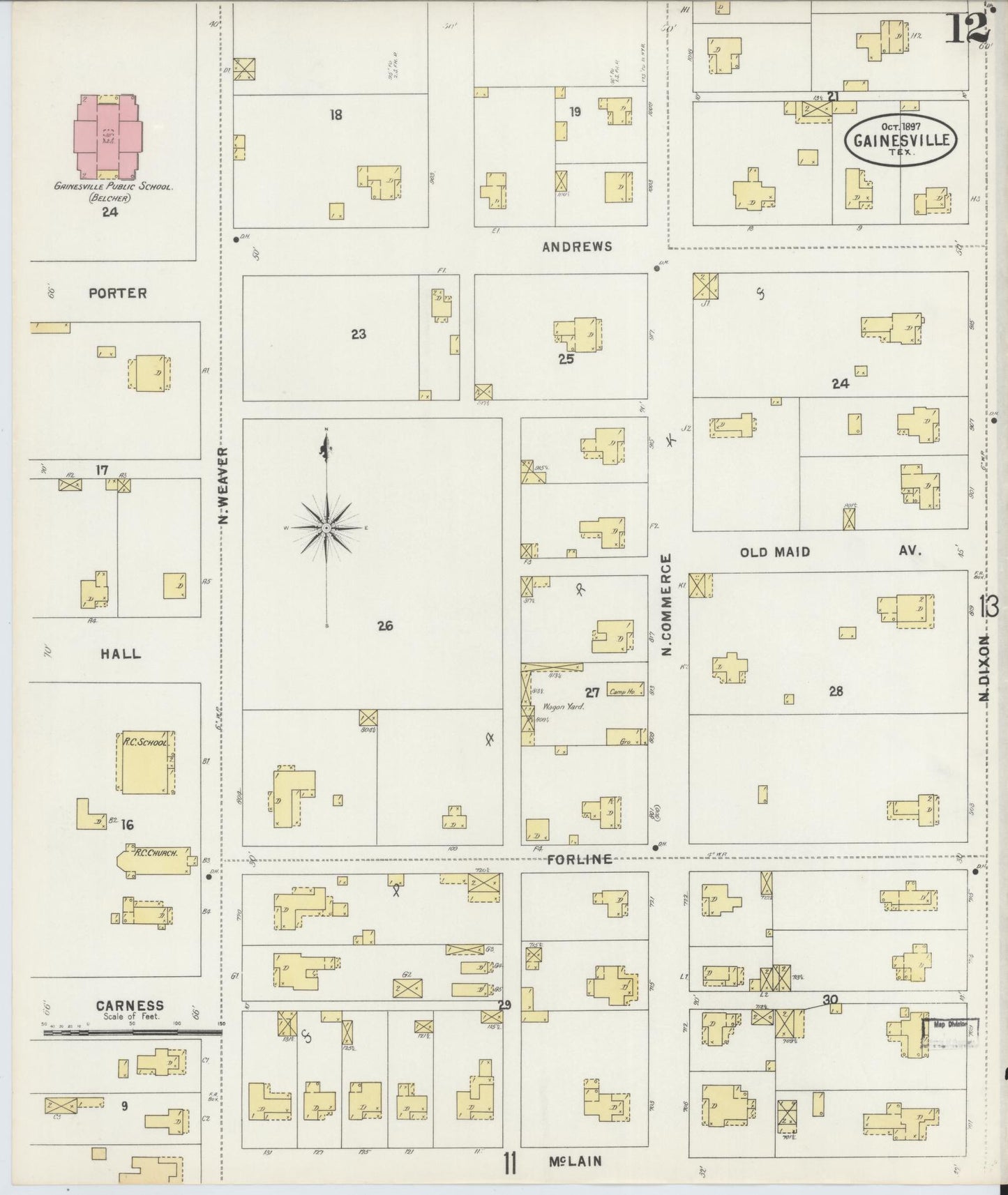 Sanborn Fire Insurance Map from Gainesville, Cooke County, Texas (1897), Sheet #0012 - Historic Sanborn Fire Insurance Map Print, vintage old map wall art, antique decor, genealogy gift, Texas Texas map