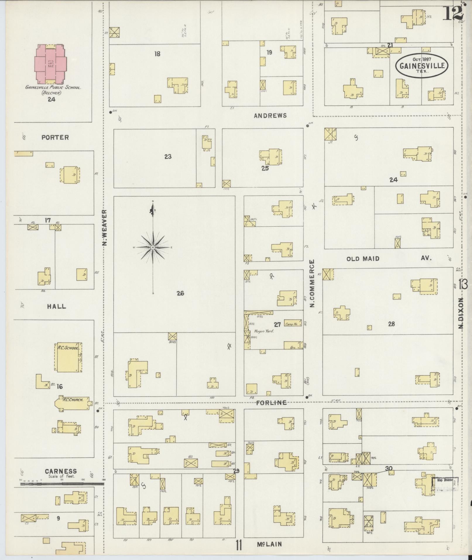Sanborn Fire Insurance Map from Gainesville, Cooke County, Texas (1897), Sheet #0012 - Historic Sanborn Fire Insurance Map Print, vintage old map wall art, antique decor, genealogy gift, Texas Texas map