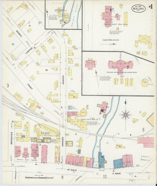 Sanborn Fire Insurance Map from Malone, Franklin County, New York (1908), Sheet #0004 - Historic Sanborn Fire Insurance Map Print, vintage old map wall art, antique decor, genealogy gift, New York New York map
