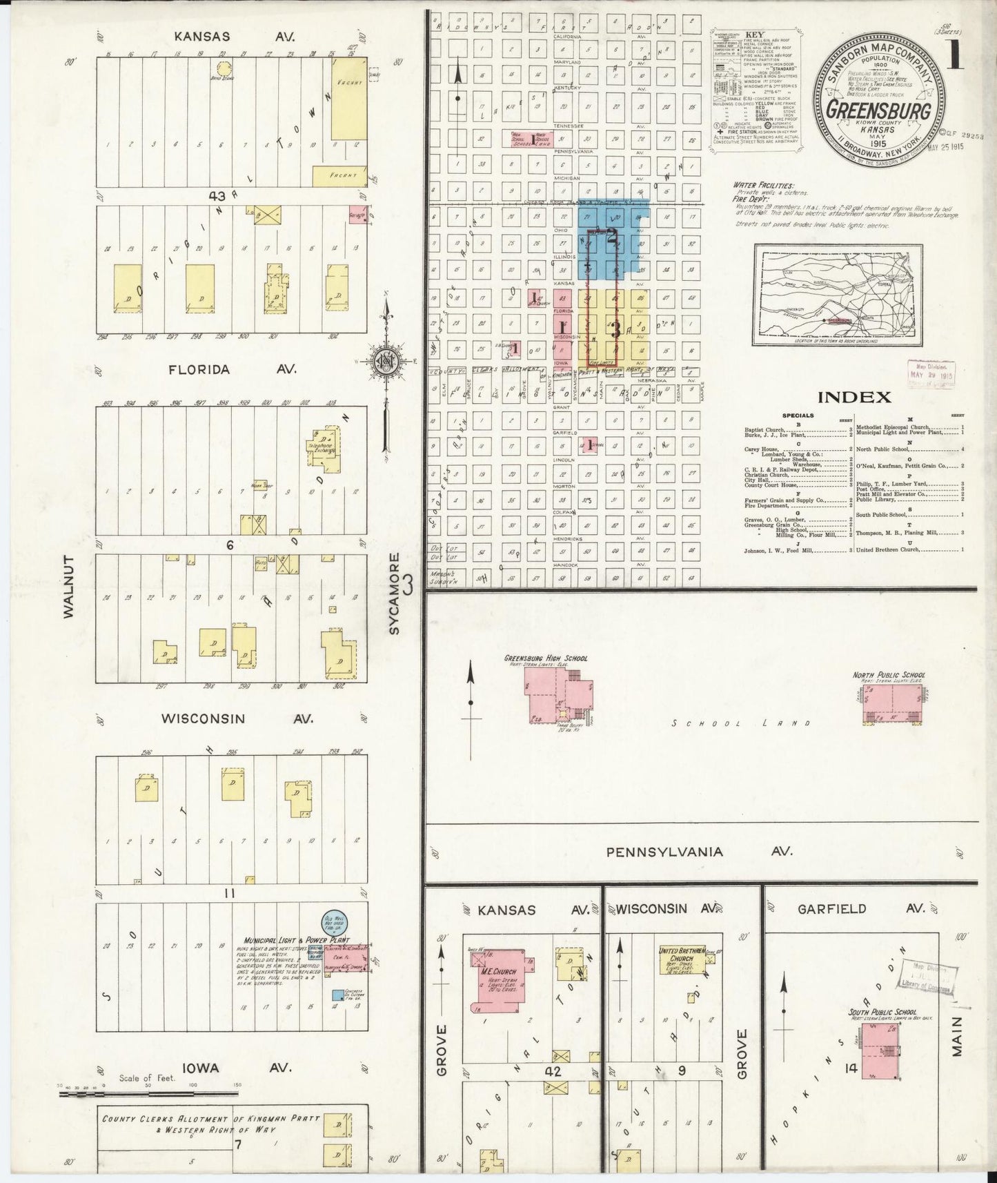 Sanborn Fire Insurance Map from Greensburg, Kiowa County, Kansas (1915), Sheet #0001 - Historic Sanborn Fire Insurance Map Print, vintage old map wall art, antique decor, genealogy gift, Kansas Kansas map