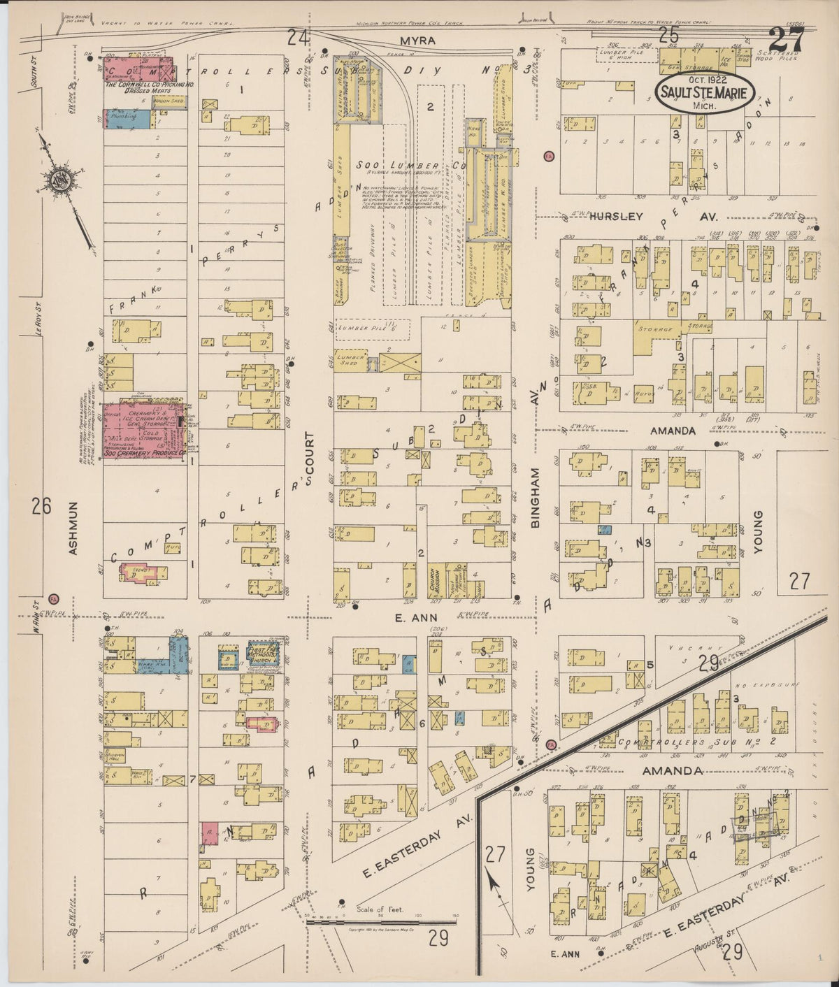 Sanborn Fire Insurance Map from Sault Sainte Marie, Chippewa County, Michigan (1922), Sheet #0027 - Historic Sanborn Fire Insurance Map Print, vintage old map wall art, antique decor, genealogy gift, Michigan Michigan map