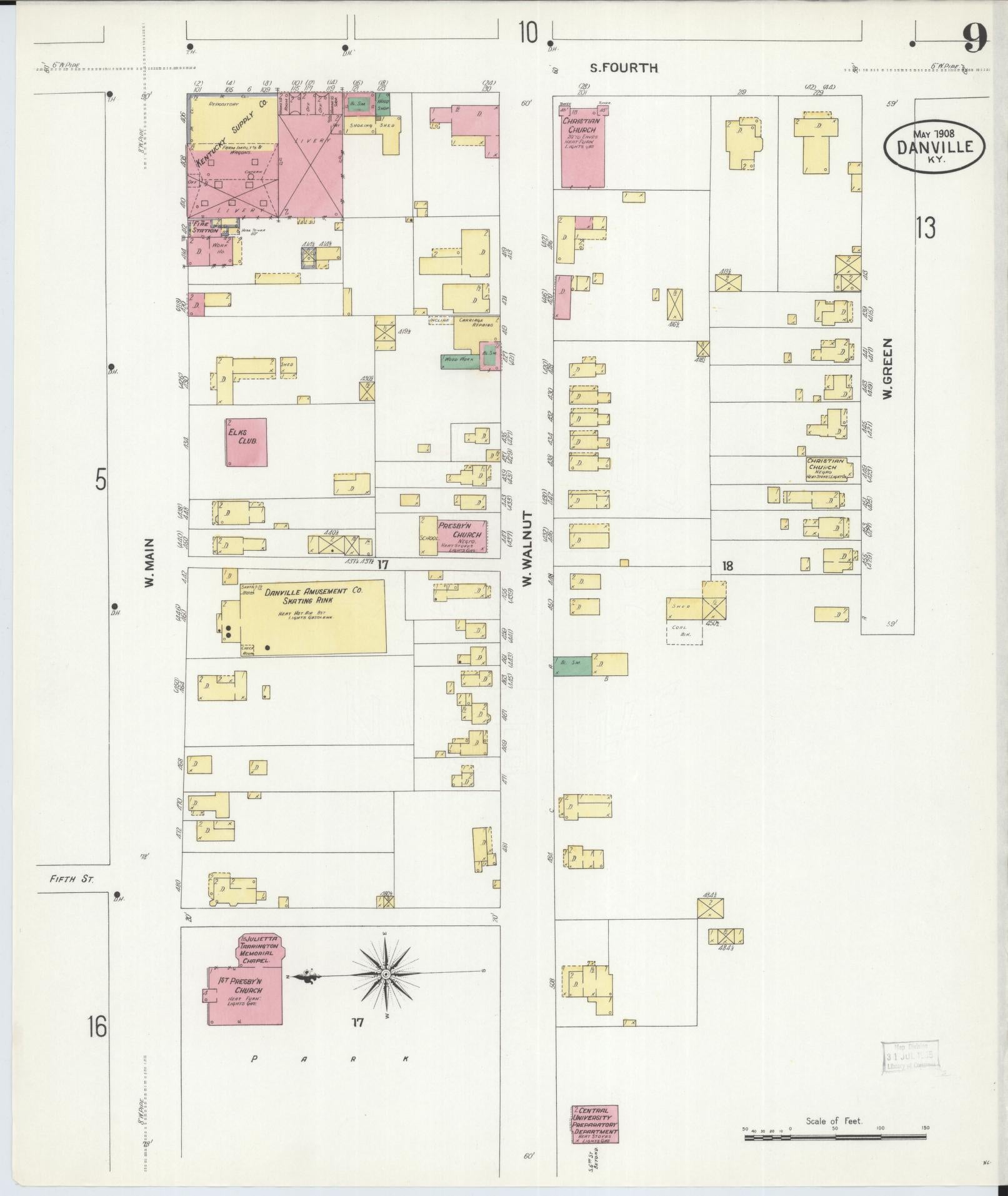 Sanborn Fire Insurance Map from Danville, Boyle County, Kentucky (1908), Sheet #0009 - Historic Sanborn Fire Insurance Map Print, vintage old map wall art, antique decor, genealogy gift, Kentucky Kentucky map