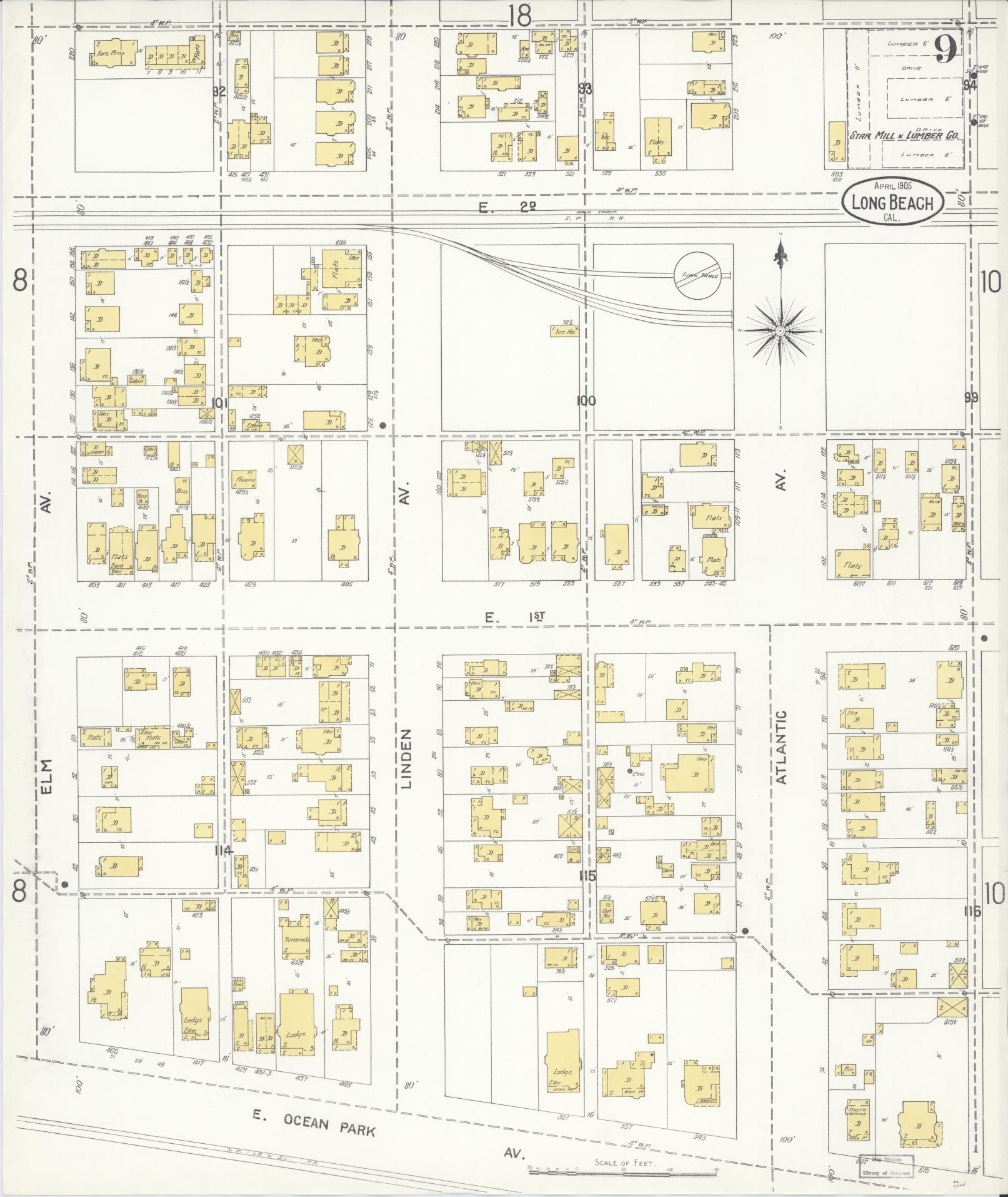 Sanborn Fire Insurance Map from Long Beach, Los Angeles County, California (1905), Sheet #0009 - Complete Map Set gallery image, historic Sanborn map, vintage wall art, California California