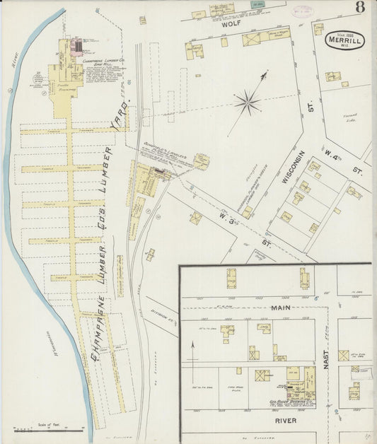 Sanborn Fire Insurance Map from Merrill, Lincoln County, Wisconsin (1888), Sheet #0008 - Historic Sanborn Fire Insurance Map Print, vintage old map wall art, antique decor, genealogy gift, Wisconsin Wisconsin map