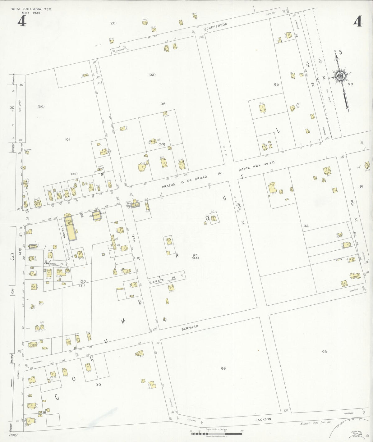 Sanborn Fire Insurance Map from West Columbia, Brazoria County, Texas (1936), Sheet #0004 - Complete Map Set gallery image, historic Sanborn map, vintage wall art, Texas Texas