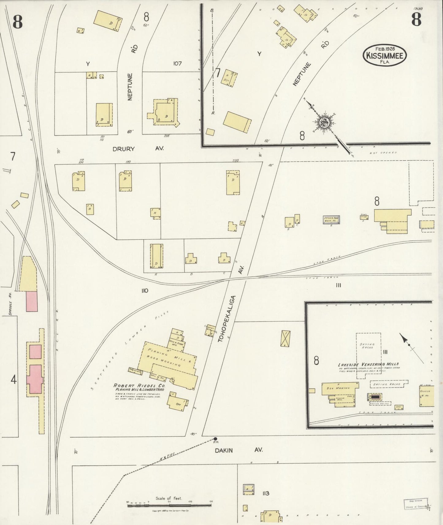 Sanborn Fire Insurance Map from Kissimmee, Osceola County, Florida (1926), Sheet #0008 - Historic Sanborn Fire Insurance Map Print, vintage old map wall art, antique decor, genealogy gift, Florida Florida map