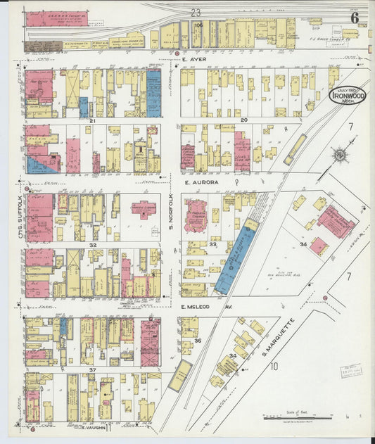 Sanborn Fire Insurance Map from Ironwood, Gogebic County, Michigan (1921), Sheet #0006 - Historic Sanborn Fire Insurance Map Print, vintage old map wall art, antique decor, genealogy gift, Michigan Michigan map