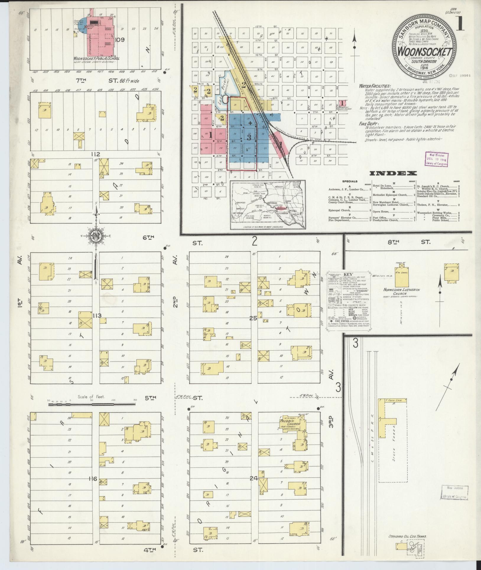 Sanborn Fire Insurance Map from Woonsocket, Sanborn County, South Dakota (1916), Sheet #0001 - Complete Map Set gallery image, historic Sanborn map, vintage wall art, South Dakota South Dakota