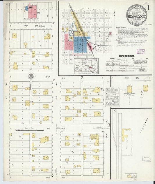 Sanborn Fire Insurance Map from Woonsocket, Sanborn County, South Dakota (1916), Sheet #0001 - Complete Map Set gallery image, historic Sanborn map, vintage wall art, South Dakota South Dakota