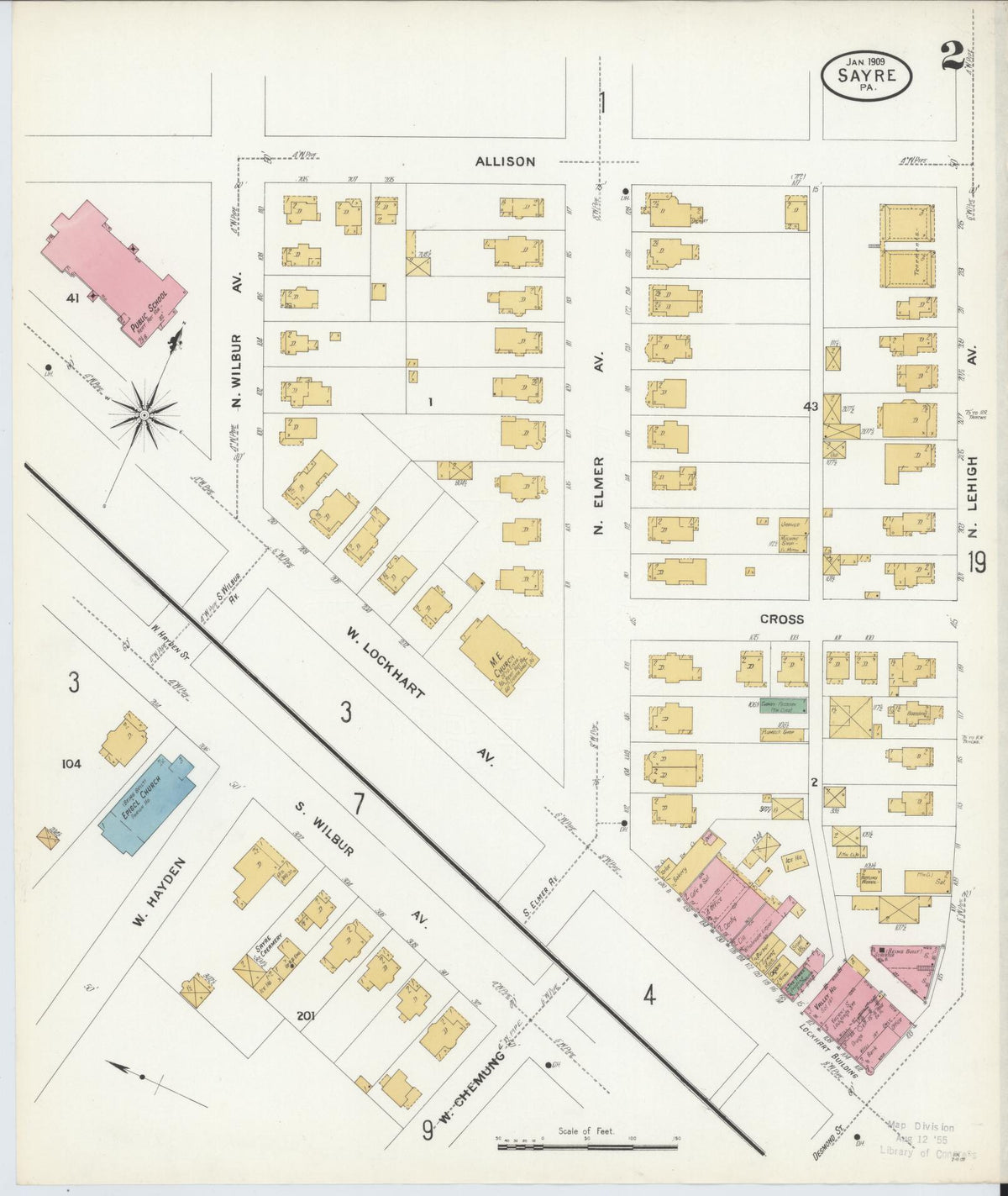 Sanborn Fire Insurance Map from Sayre, Bradford County, Pennsylvania (1909), Sheet #0002 - Historic Sanborn Fire Insurance Map Print, vintage old map wall art, antique decor, genealogy gift, Pennsylvania Pennsylvania map