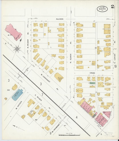 Sanborn Fire Insurance Map from Sayre, Bradford County, Pennsylvania (1909), Sheet #0002 - Historic Sanborn Fire Insurance Map Print, vintage old map wall art, antique decor, genealogy gift, Pennsylvania Pennsylvania map