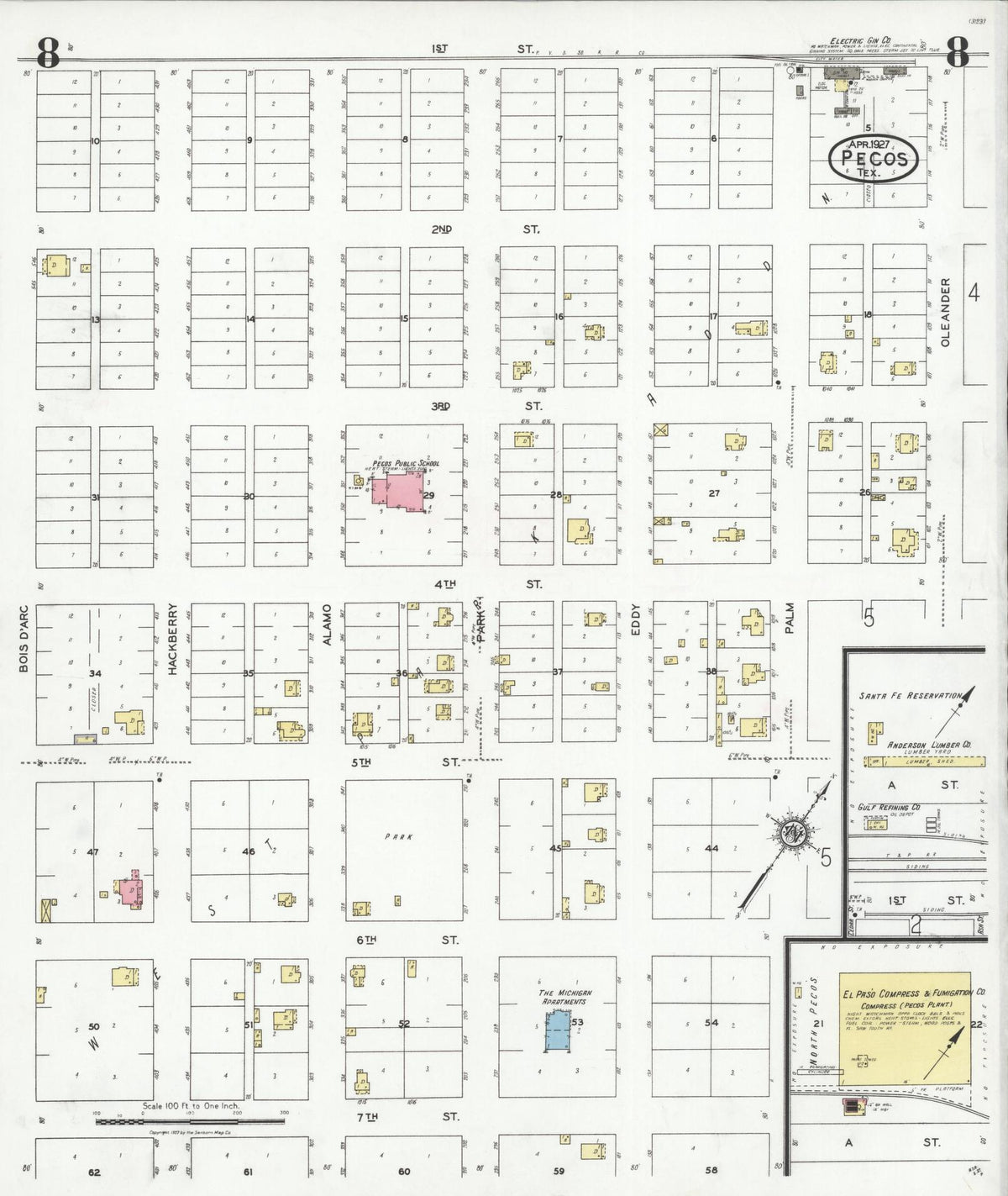 Sanborn Fire Insurance Map from Pecos, Reeves County, Texas (1927), Sheet #0008 - Historic Sanborn Fire Insurance Map Print, vintage old map wall art, antique decor, genealogy gift, Texas Texas map