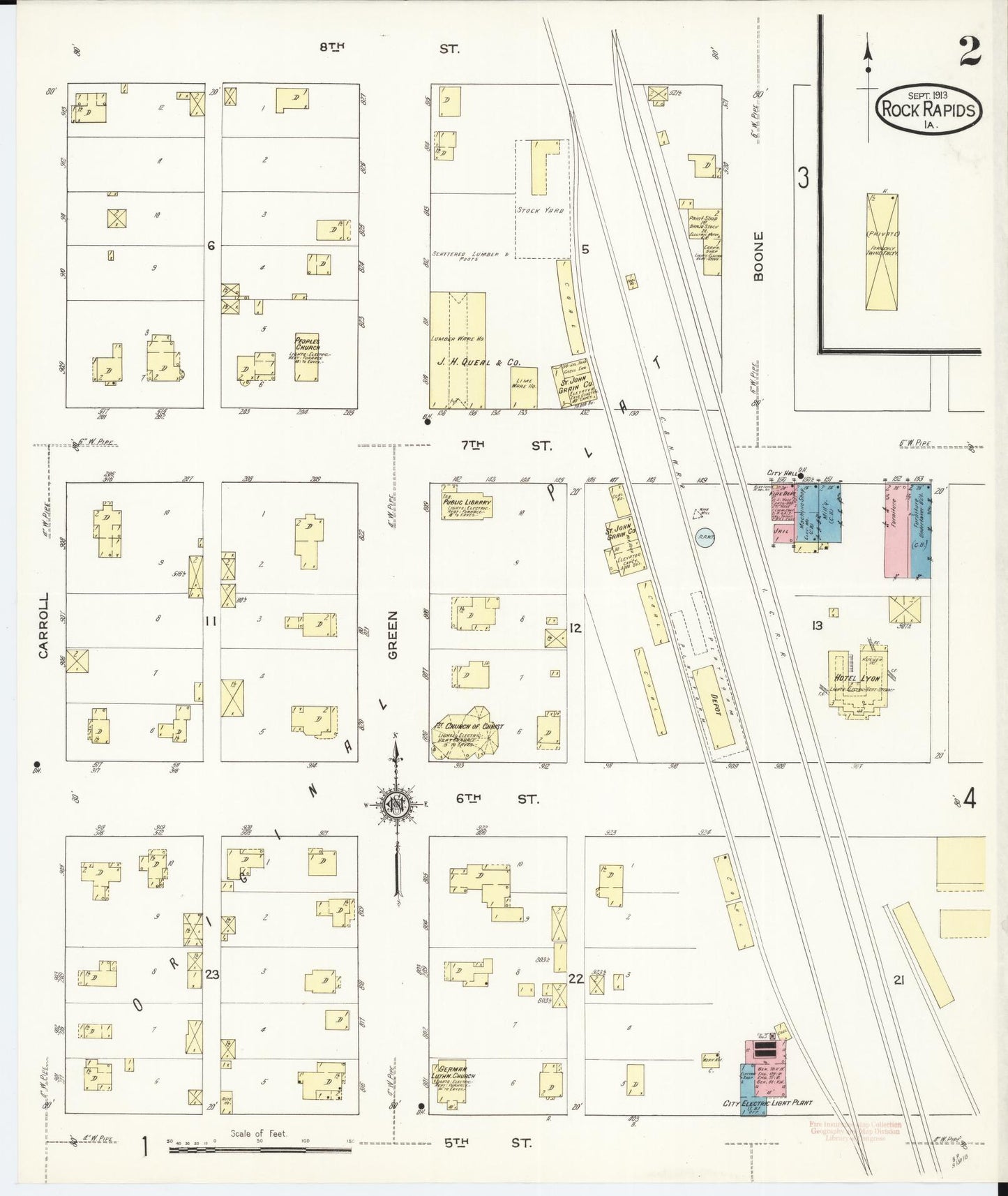 Sanborn Fire Insurance Map from Rock Rapids, Lyon County, Iowa (1913), Sheet #0002 - Historic Sanborn Fire Insurance Map Print, vintage old map wall art