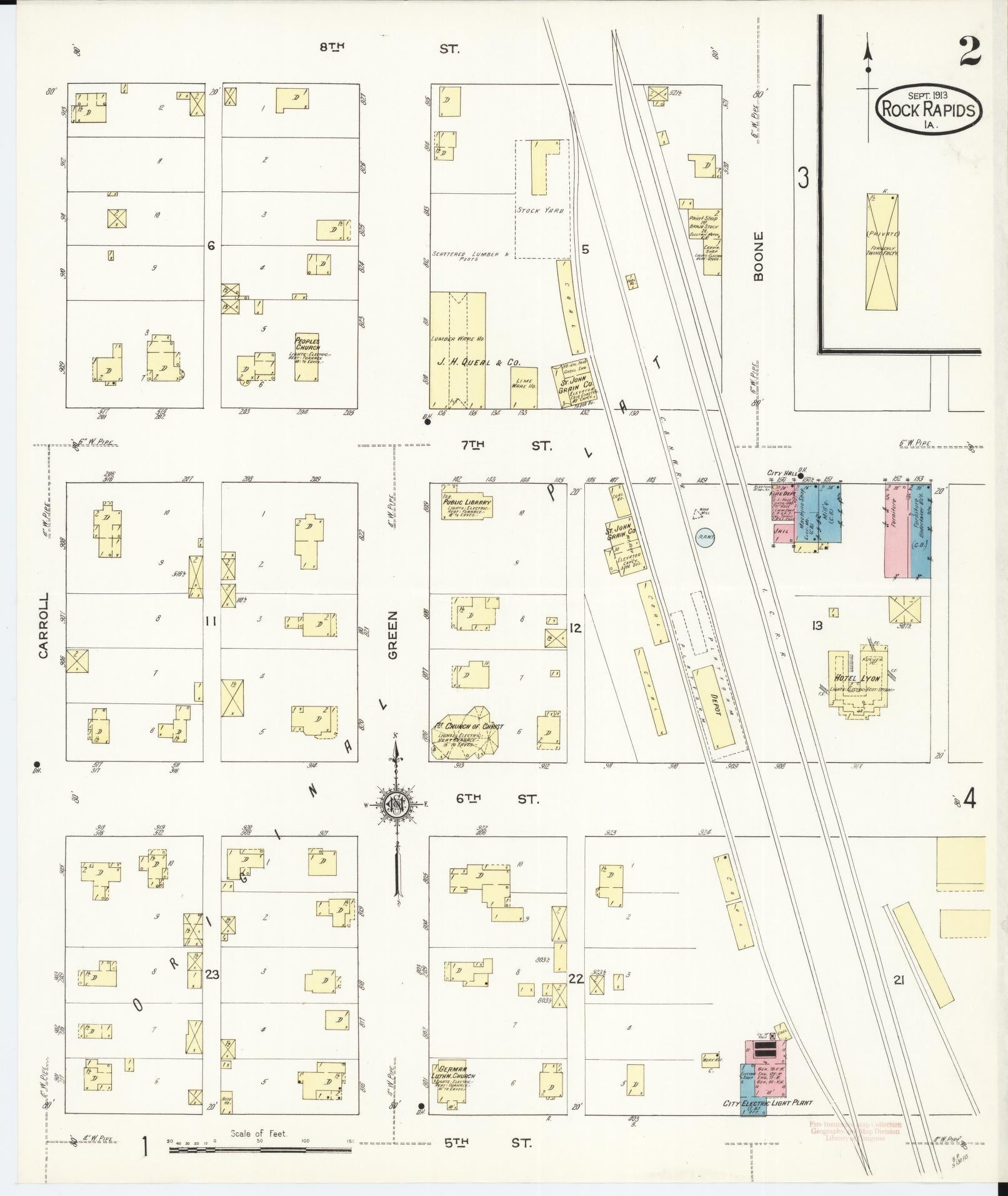 Sanborn Fire Insurance Map from Rock Rapids, Lyon County, Iowa (1913), Sheet #0002 - Historic Sanborn Fire Insurance Map Print, vintage old map wall art