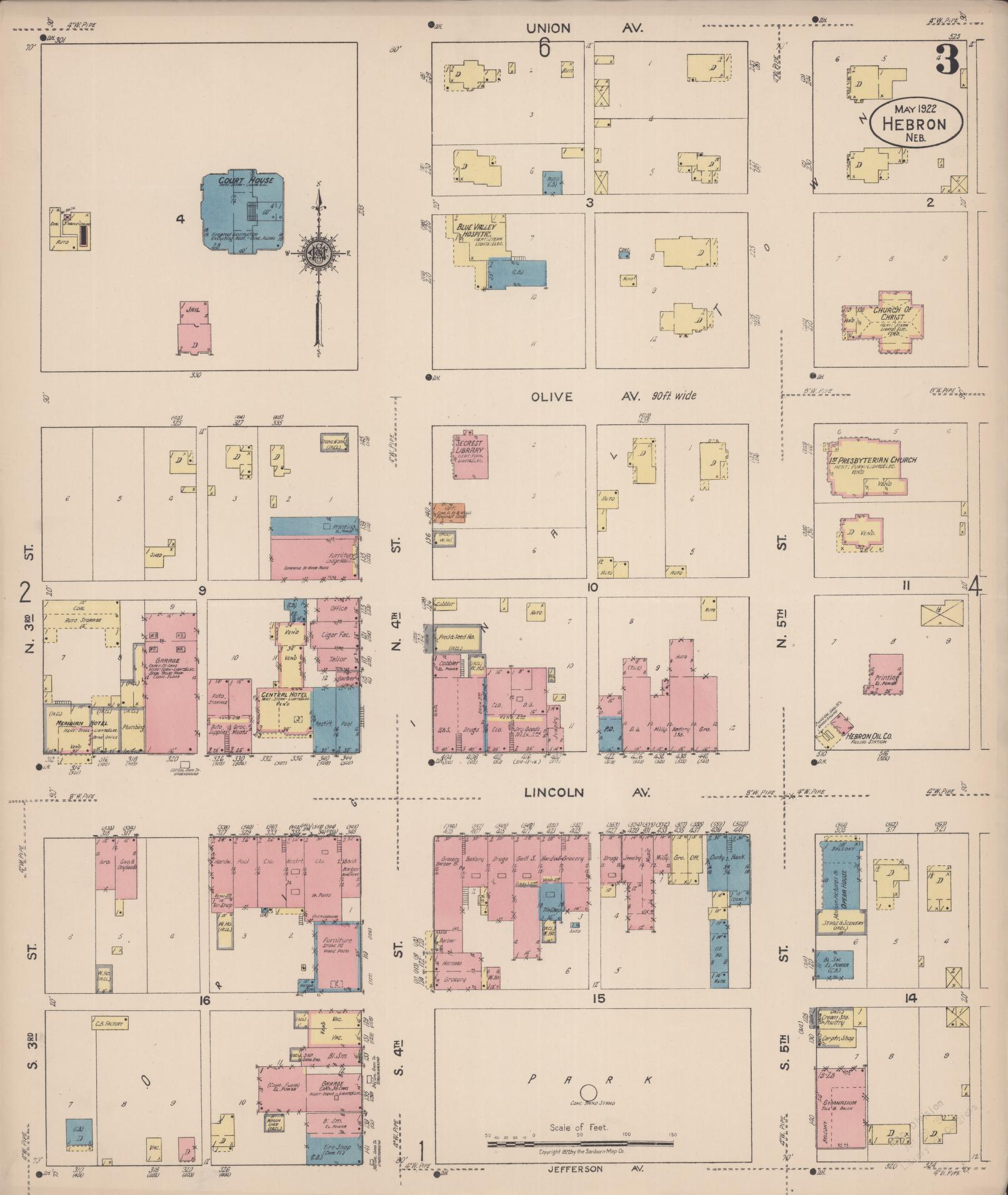 Sanborn Fire Insurance Map from Hebron, Thayer County, Nebraska (1922), Sheet #0003 - Historic Sanborn Fire Insurance Map Print, vintage old map wall art, antique decor, genealogy gift, Nebraska Nebraska map