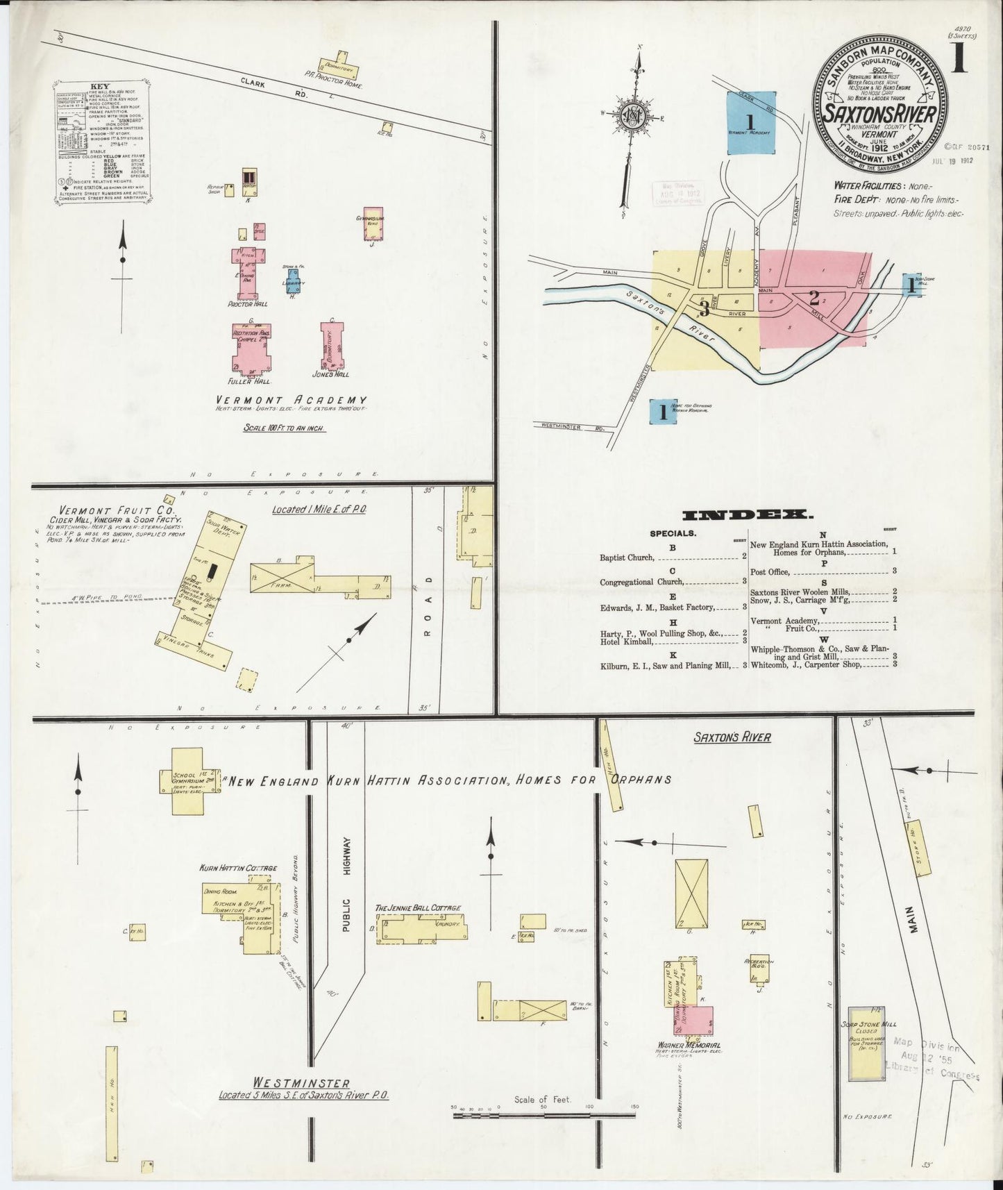 Sanborn Fire Insurance Map from Saxton's River, Windham County, Vermont (1912), Sheet #0001 - Complete Map Set gallery image, historic Sanborn map, vintage wall art, Vermont Vermont