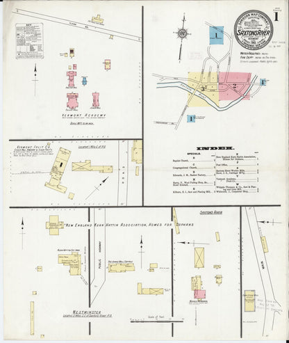 Sanborn Fire Insurance Map from Saxton's River, Windham County, Vermont (1912), Sheet #0001 - Complete Map Set gallery image, historic Sanborn map, vintage wall art, Vermont Vermont