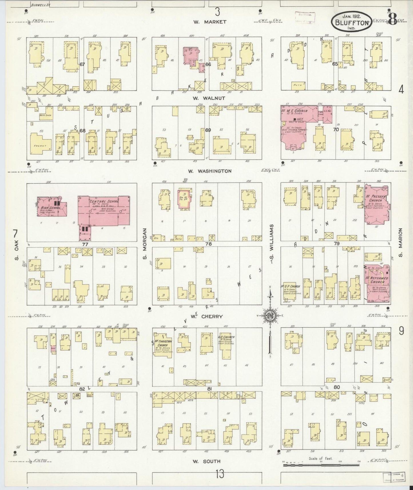 Sanborn Fire Insurance Map from Bluffton, Wells County, Indiana (1912), Sheet #0008 - Complete Map Set gallery image, historic Sanborn map, vintage wall art, Indiana Indiana
