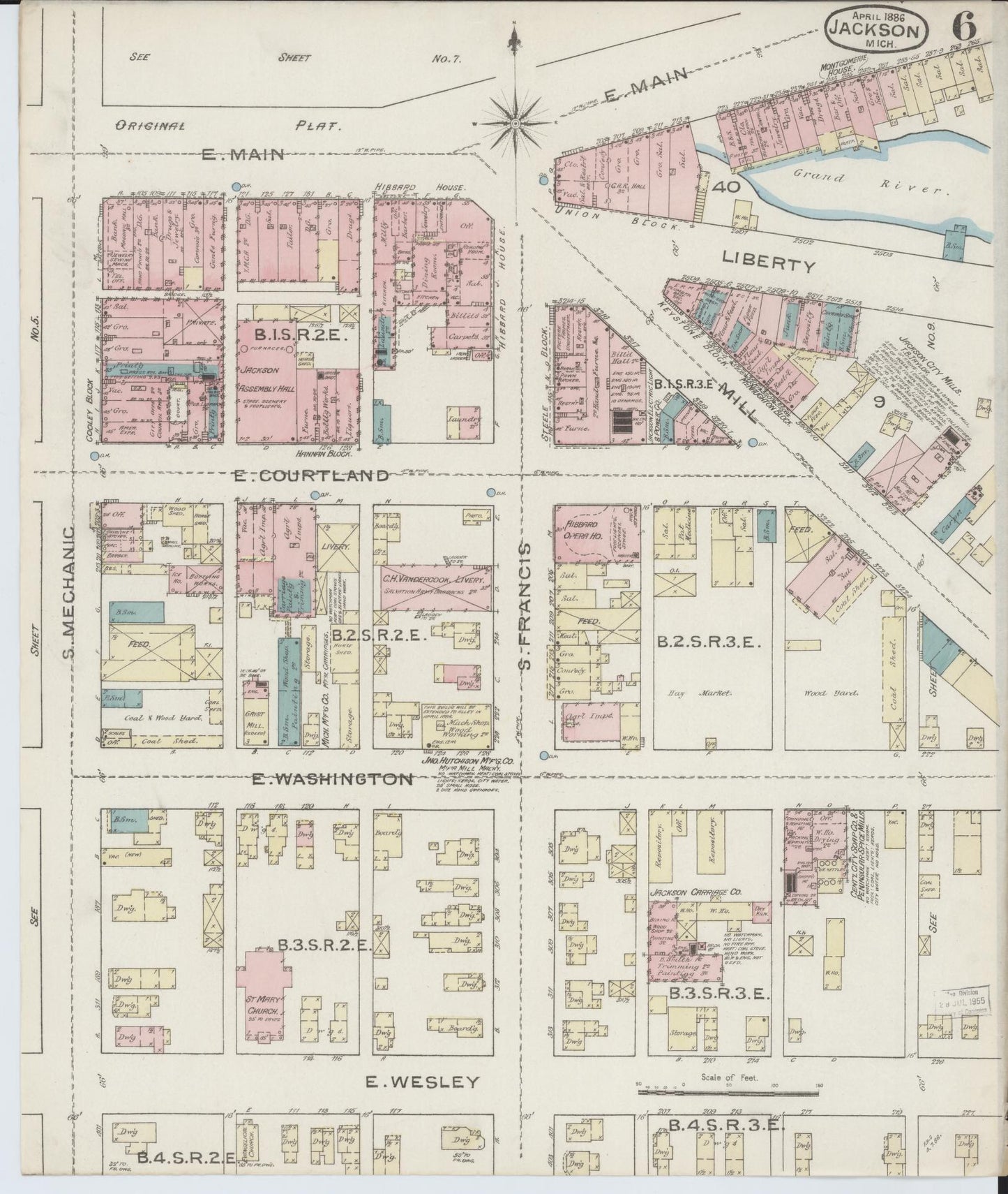 Sanborn Fire Insurance Map from Jackson, Jackson County, Michigan (1886), Sheet #0006 - Historic Sanborn Fire Insurance Map Print, vintage old map wall art, antique decor, genealogy gift, Michigan Michigan map